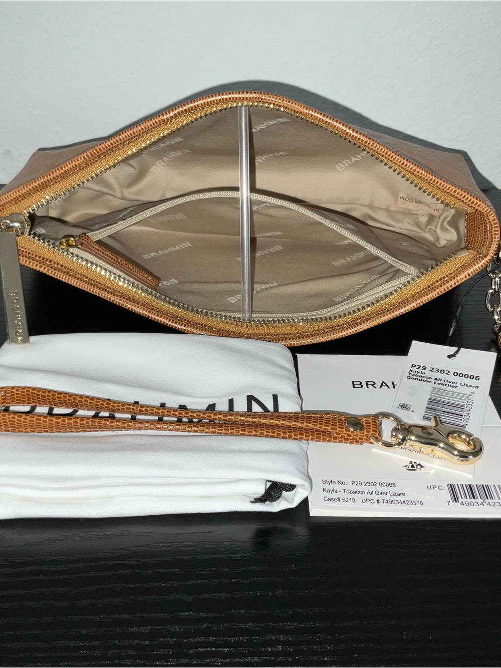Brahmin Kayla TOBACCO ALL OVER LIZARD Wristlet Clutch Lg. Cosmetic Bag - Picture 7 of 7
